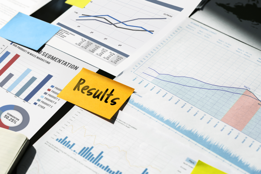 marketing reports laid out with a orange sticky note saying results