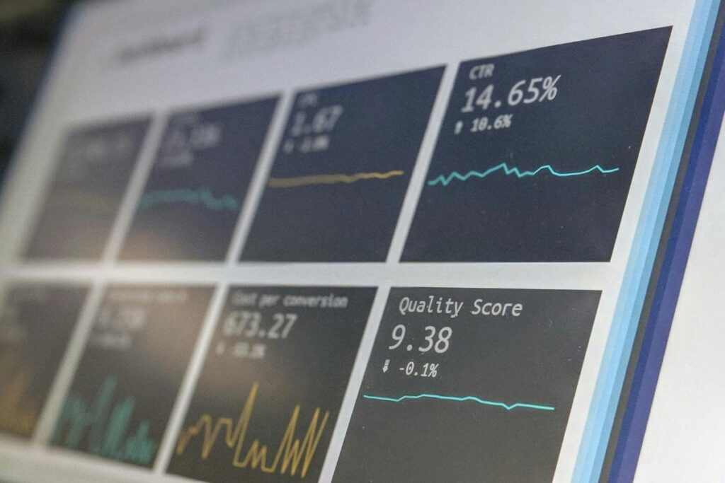 A turned on monitor displaying marketing data